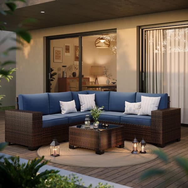 6-Piece Modular Wide Armrest Patio Wicker Conversation Set with Navy Blue Cushions