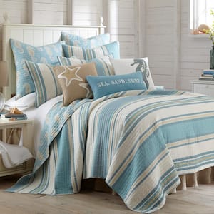 Maui Blue 3-Piece Blue and Taupe Cotton Full/Queen Quilt Set