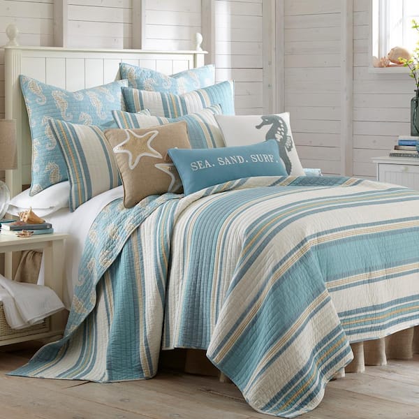 LEVTEX HOME Maui Blue 3-Piece Blue and Taupe Cotton Full/Queen Quilt Set  L78100FQS - The Home Depot