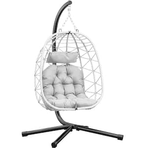 Gray Wicker Patio Swing Hanging Egg Chair with Light Gray Cushion