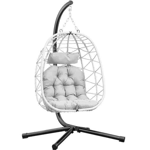 DEXTRUS Gray Wicker Patio Swing Hanging Egg Chair with Light Gray Cushion