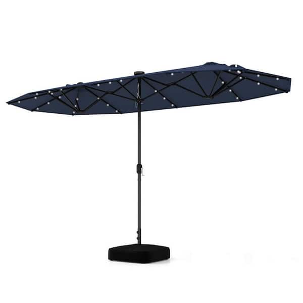 13 ft. Metal Market Patio Umbrella in Navy with LED Light and Stand Double Sided Twin Solar Outdoor Umbrella with Crank