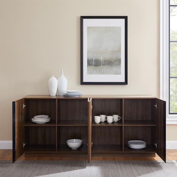 Dark Walnut Wood and Metal Accent Modern 4-Door Sideboard
