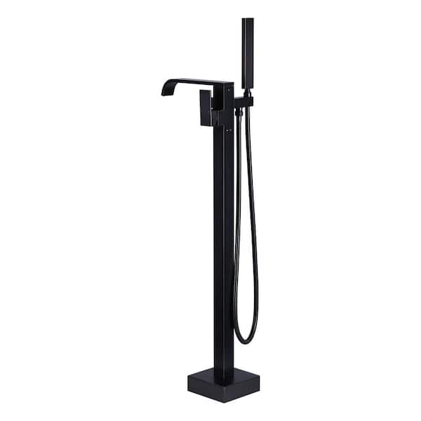 Single-Handle Floor Mount Waterfall Brass Freestanding Tub Faucet with High Flow Handheld Shower in Oil Rubbed Bronze