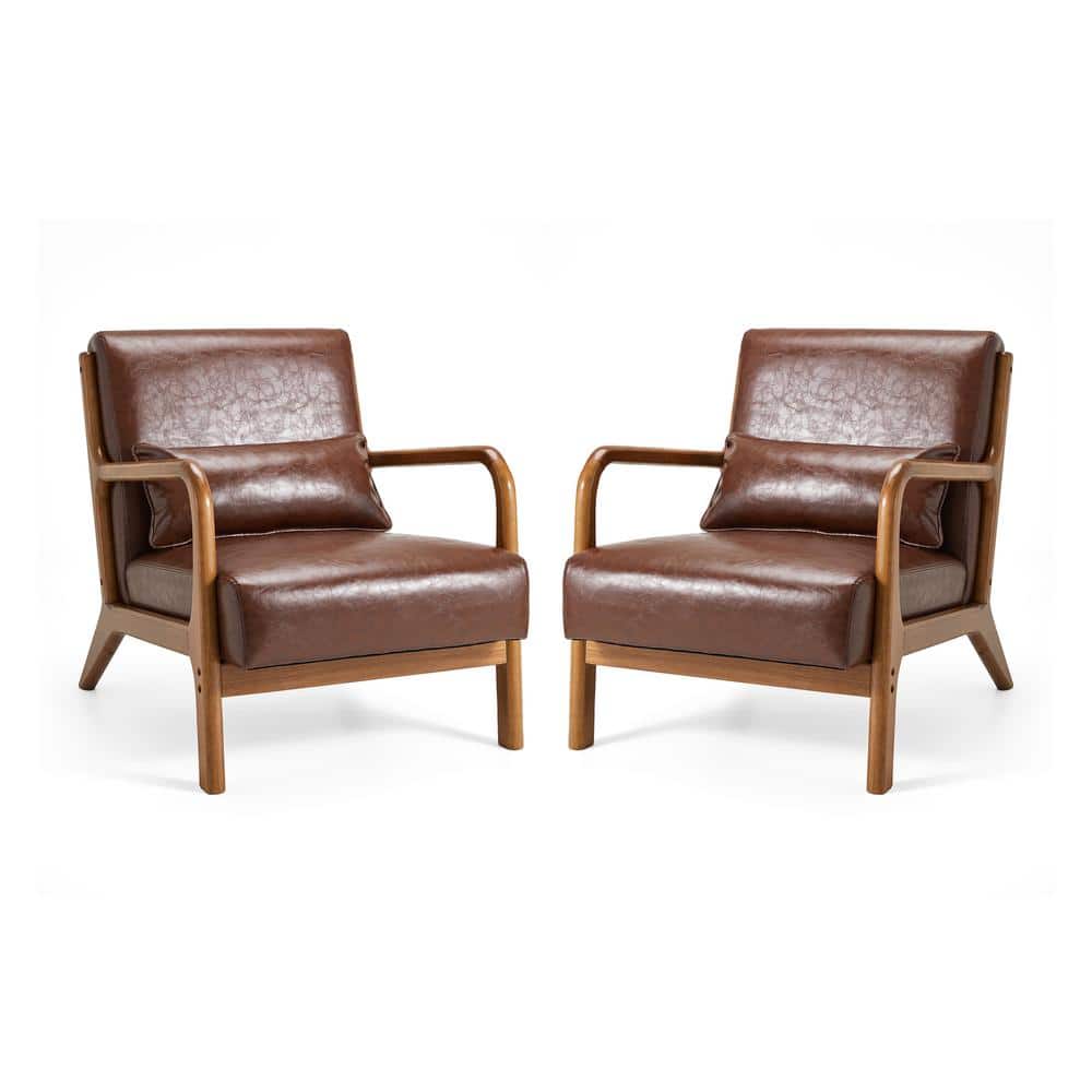 Mid-Century Modern Coffee Brown Faux Leather Accent Chair with Walnut Wood Frame
