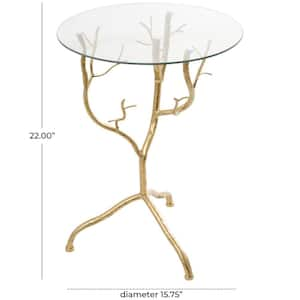 16 in. Gold Branch Large Round Glass End Table with Glass Top