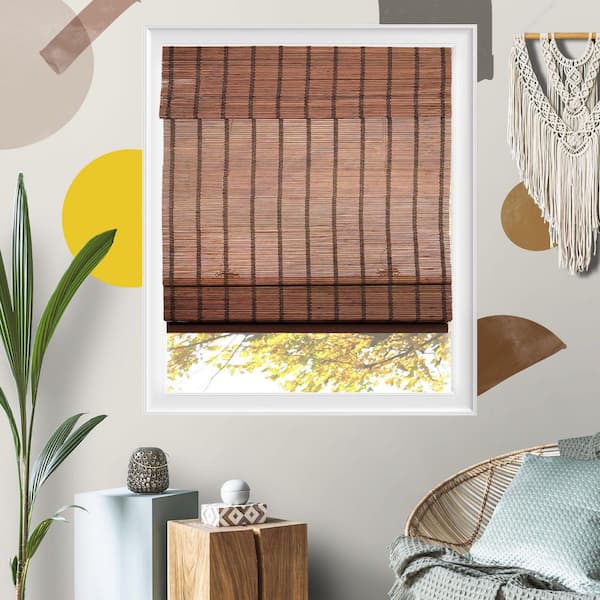32 in. W x 64 in. L Natural Woven Cordless Light Filtering Bamboo Roman Shades for Window, Deep Bronze