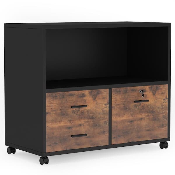 Tribesigns Frances Rustic Brown and Black Mobile Lateral Filing Cabinet with 3-Drawer and Open Storage Shelves