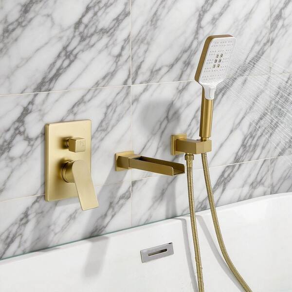 Vara Single-Handle Wall Mount Roman Tub Faucet with 3-Spray Hand Shower and 7.28 in. D Waterfall Spout in Brushed Gold
