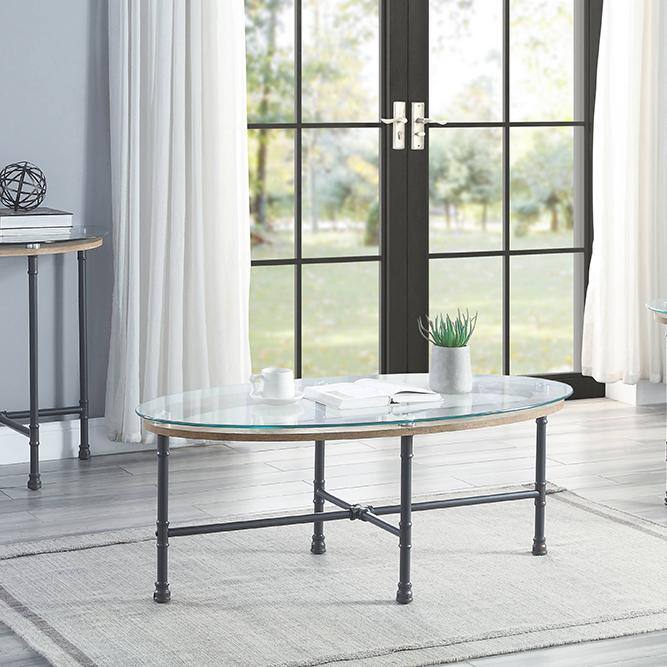 Industrial Oval Glass Top Coffee Table with Metal Frame