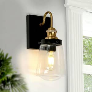 Modern Bathroom Vanity Light 1-Light Black and Brass Cylinder Wall Sconce Light with Clear Glass Shade