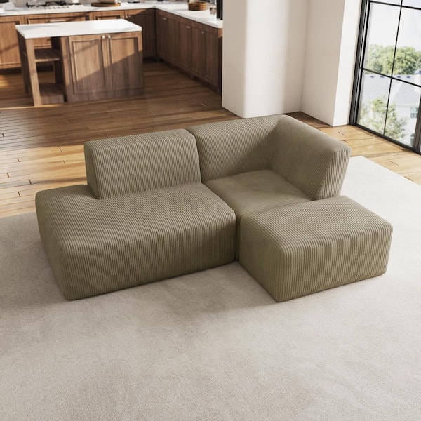 86.55 in. Square Arm 3-Piece Corduroy L-Shaped Upholstered Sectional Sofa in Khaki with Ottoman