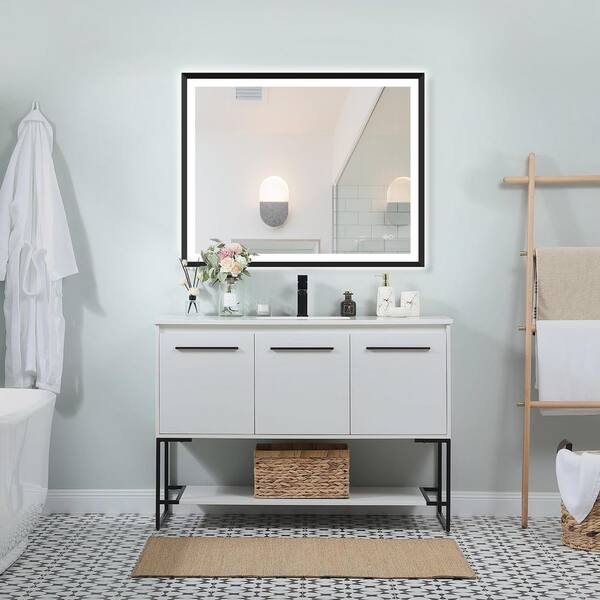 48 in. W x 36 in. H Rectangular Framed Anti-Fog Dimmable LED Wall Mounted LED Bathroom Vanity Mirror in Black