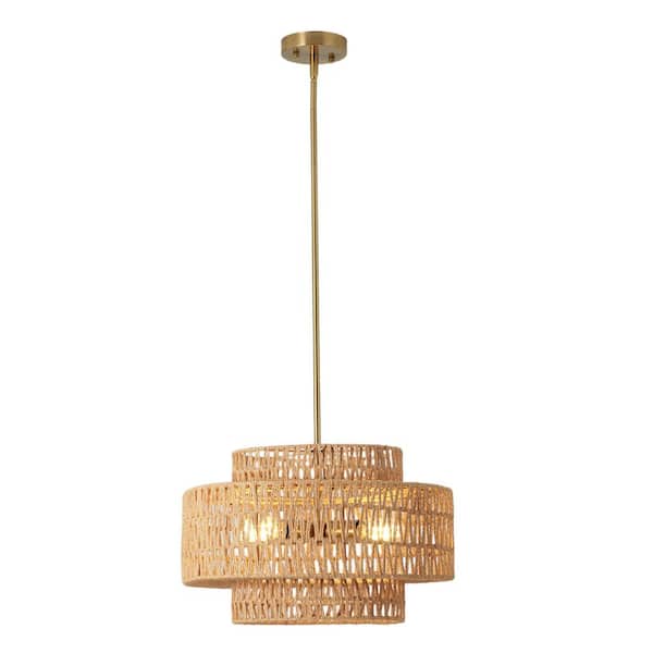 17.7 in. 4-Light Drum Matte Brown Semi-Flush Mount Rattan Chandelier Light Fixture for Living Room (Bulb Not Included)