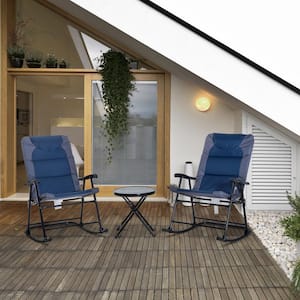 Blue 3-Piece Metal Patio Conversation with Glass Coffee Table and 2 Folding Padded Rocking Chairs