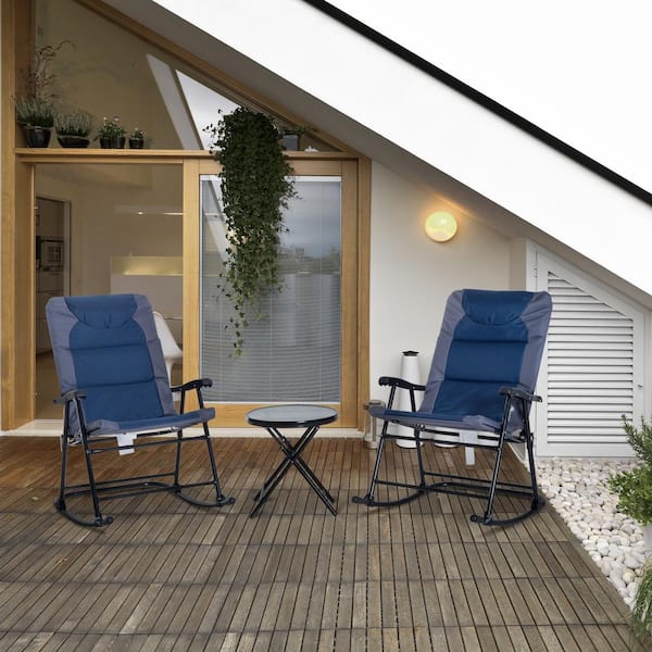 Sudzendf Blue 3-Piece Metal Patio Conversation with Glass Coffee Table and 2 Folding Padded Rocking Chairs
