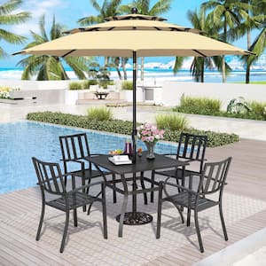 Black 6-Piece Metal Outdoor Patio Dining Set with Umbrella and Slat Square Table and Modern Stackable Chairs