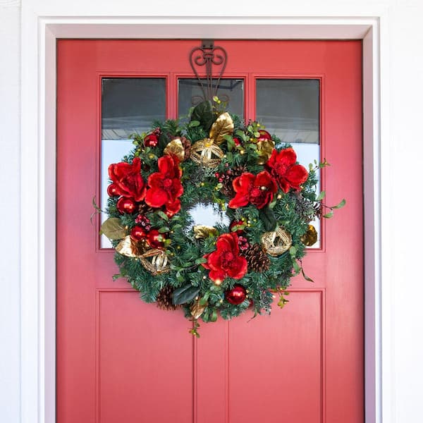 30 in. Artificial Pre-Lit LED Red Magnolia Wreath