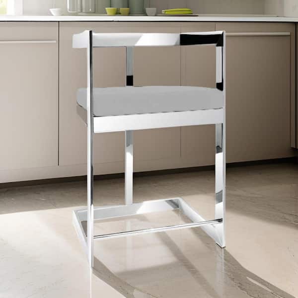 Benjara 26 in. Gray and Chrome Low Back Metal Frame Bar Stool with Velvet Seat