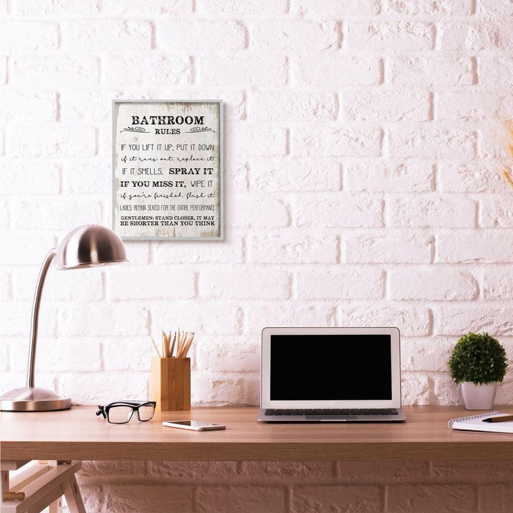 Gray Framed Bathroom Rules Funny Word Wood Textured Design Print