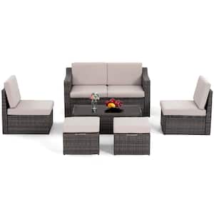 6-Piece Rattan Patio Sectional Sofa with Grey/Beige Cushions