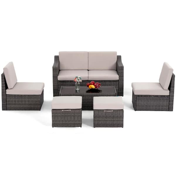 EGEIROSLIFE 6-Piece Rattan Patio Sectional Sofa with Grey/Beige Cushions