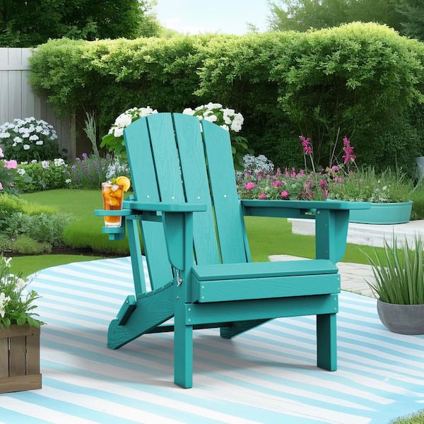 JEAREY Classic Peacock Blue Folding Plastic Adirondack Chairs w/ 2-Cup Holders-Weather Resistant Patio Outdoor Chair (Set of 1)