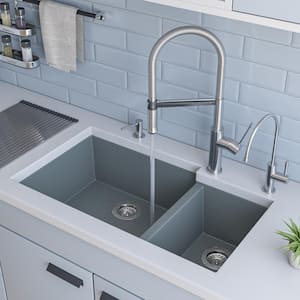 Undermount Granite Composite 33.88 in. 35/65 Double Bowl Kitchen Sink in Titanium