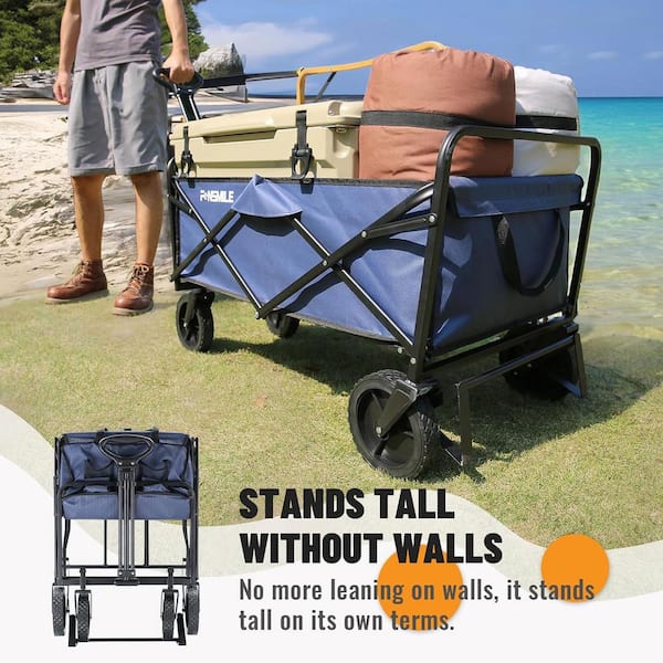 Unbranded - 4.9 cu. ft. Fabric PVC Garden Cart, 2-Fold Collapsible Wagon Cart with Metal Frame, Cup Holder, Adjustable Handle, Blue