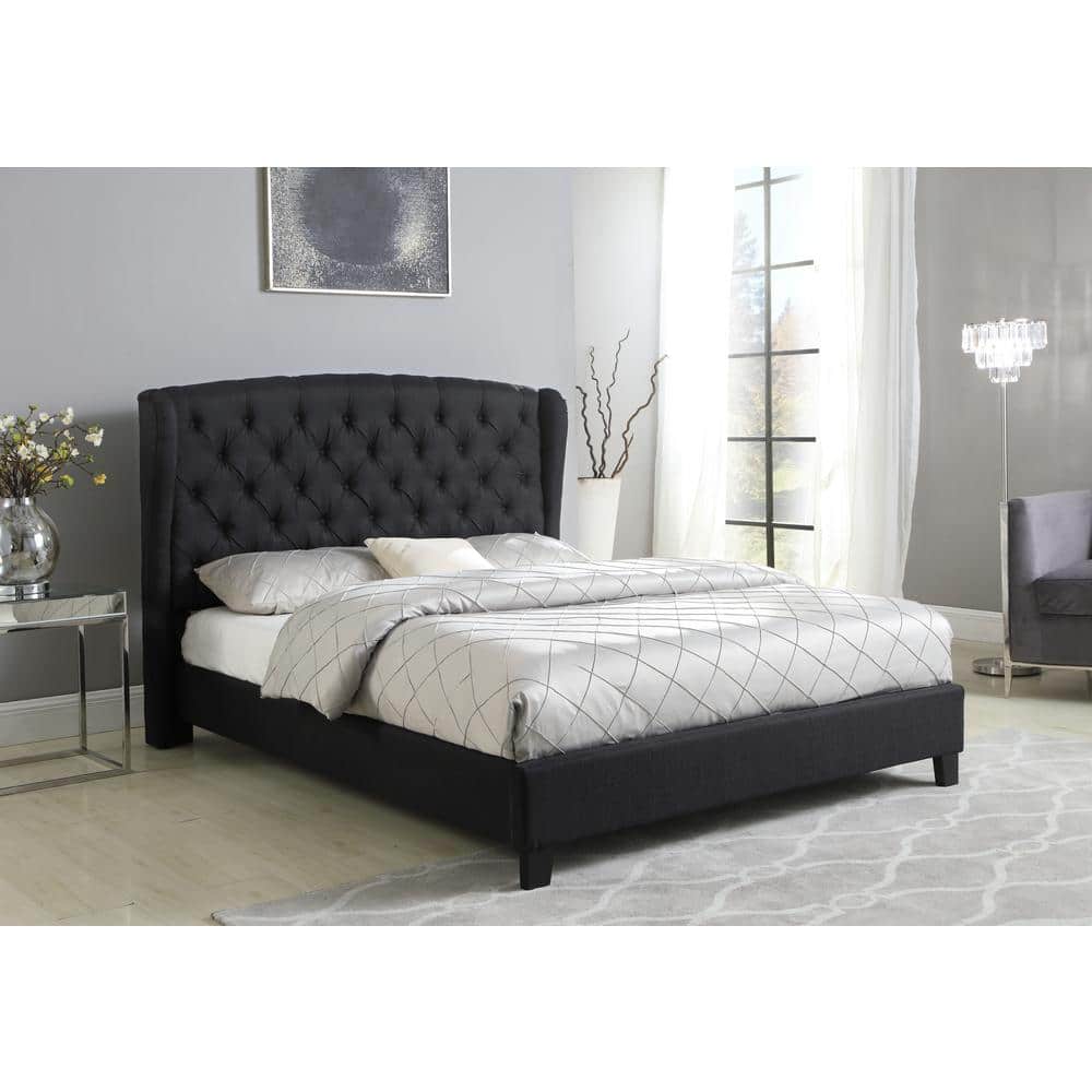 King Size Wingback Linen Upholstered Bed with Tufted Headboard