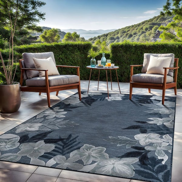Eden  8 ft. x 10 ft. Navy Washable Border Floral Indoor Outdoor Area Rug