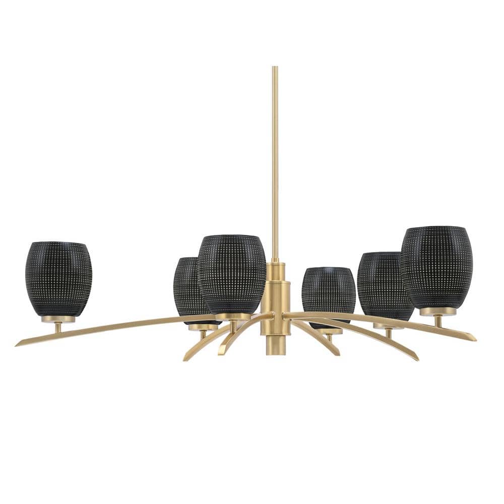 Siena 31 in. 6 Light New Age Brass Chandelier with Black Matrix Glass Shade