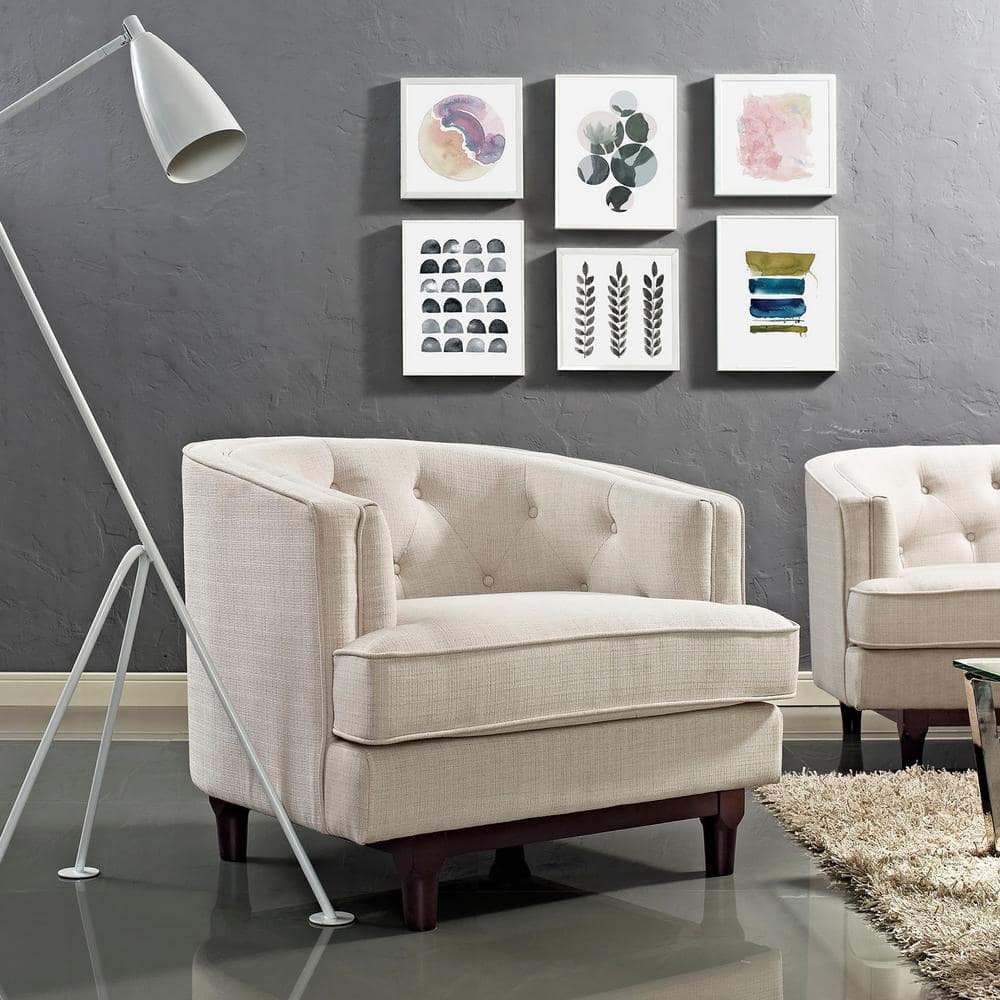 Coastal Elegance Beige Polyester Barrel Armchair with Walnut Wood Base