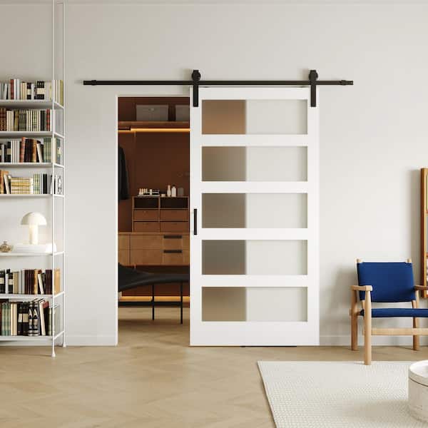 TENONER 42 in. x 84 in. 5 Panel, Frosted Glass, White, Can Be Painted, Primed MDF Sliding Barn Door with Hardware Kit