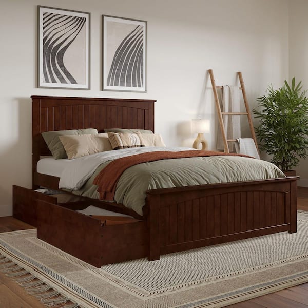 Nantucket Walnut Brown Solid Wood Frame Full Platform Bed with Matching Footboard and Storage Drawers