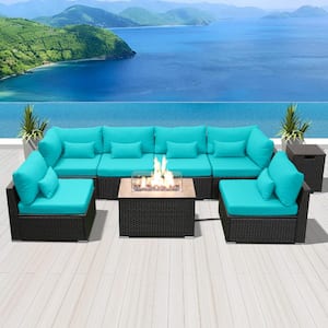 8-Piece Wicker Outdoor Patio Conversation Set with Propane Fire Pit Table(Turquoise-Rectangular Table)