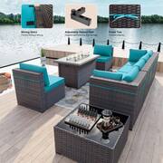 8-Piece Wicker Patio Conversation Set with 55000 BTU Gas Fire Pit Table and Glass Coffee Table and Blue Cushions