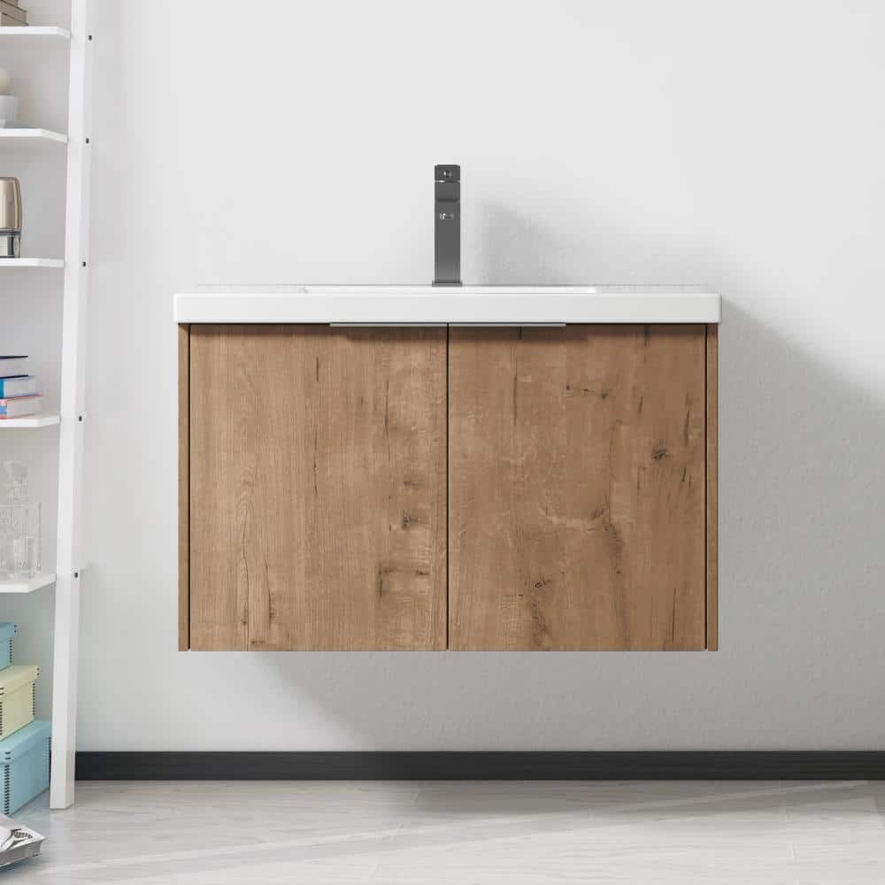 30 in.Single Sink Imitative Oak Wall-Mounted Bathroom Vanity with Resin Top,Soft-Close Door,Handle Design price history on PriceWatchPro