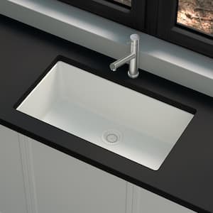 Stonehaven 33 in. Undermount Single Bowl White Ice Granite Composite Kitchen Sink with White Strainer