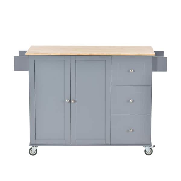 Polibi 52.7 in. W Dusty Blue Mobile Kitchen Island with Locking Wheels, Storage Cabinet, Spice Rack, Towel Rack and Drawers