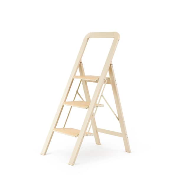 3-Step Lightweight Aluminum Step Stool (7 ft. Reach) 450 lb. Load Capacity w/ Anti-Slip Wide Pedal and Handrails, Beige