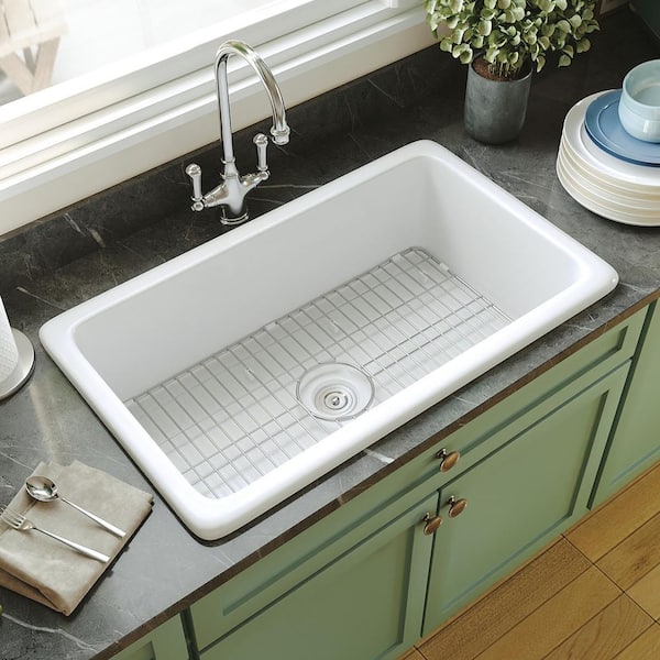 Glen White Rectangular Fireclay 32 in. Single Bowl Drop-In/Undermount Kitchen Sink with Basket Strainer and Sink Grid