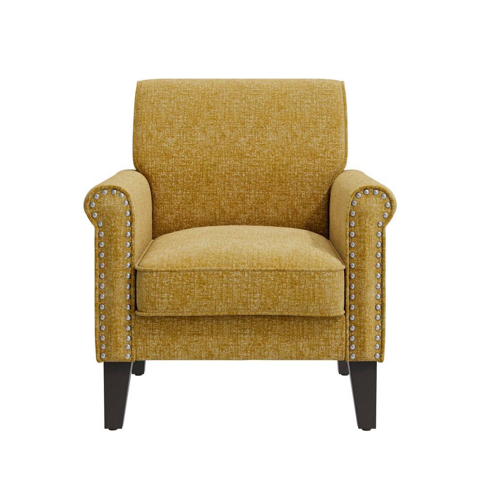 Gold Chenille Barrel Accent Chair with Wood Legs