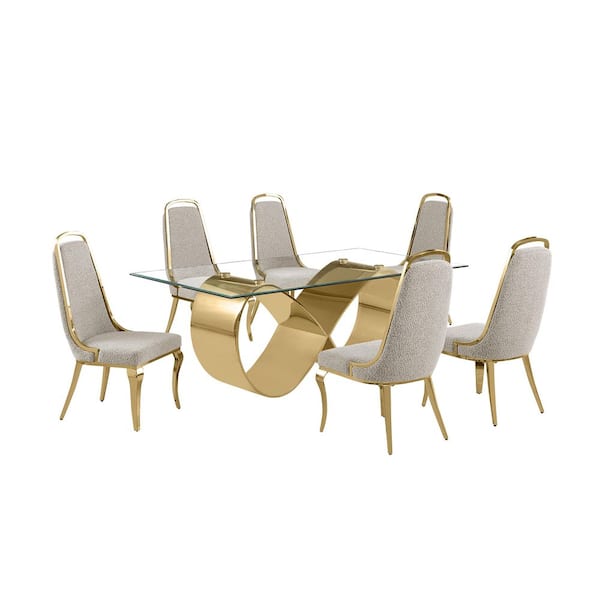 Best Quality Furniture Garrett 7-Piece Clear Tempered Glass Top with Gold Stainless Steel Base Dining Set with 6 Grey Boucle Fabric Chairs