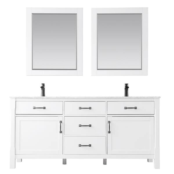 Altair Maribella 72 in. Double Bathroom Vanity Set in White and Carrara White Marble Countertop with Mirror