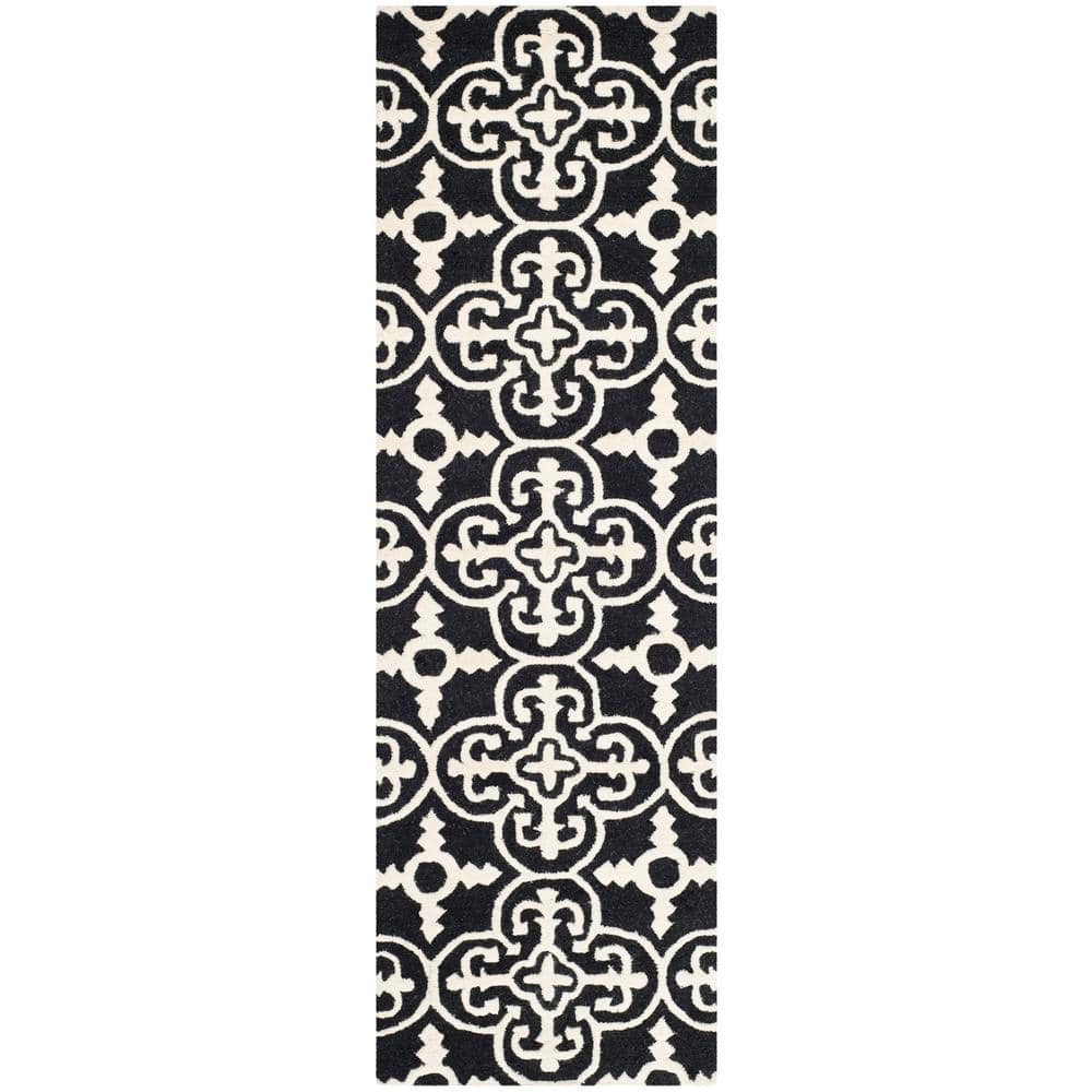 Black and Ivory Hand-Tufted Wool Geometric Runner Rug