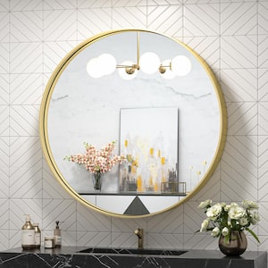 24 in. W x 24 in. H Medium Round Metal Framed Modern Wall Mounted Bathroom Vanity Mirror in Brass Gold