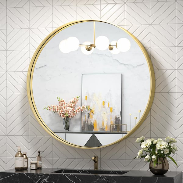 TETOTE 24 in. W x 24 in. H Medium Round Metal Framed Modern Wall Mounted Bathroom Vanity Mirror in Brass Gold