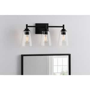 Wakefield 22 in. 3-Light Matte Black Modern Vanity with Clear Glass Shades