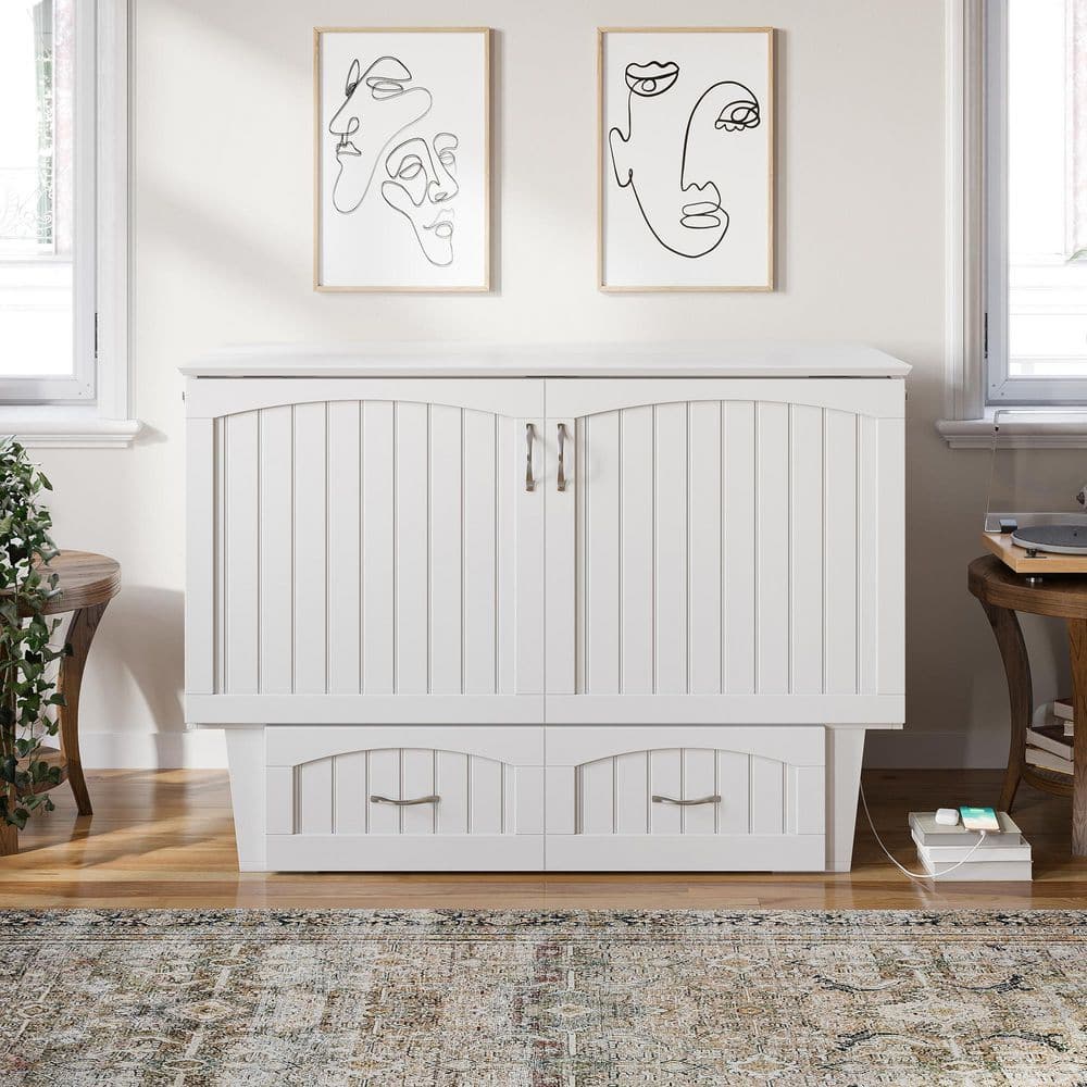 Marina White Full Murphy Bed Chest with Storage and Charger